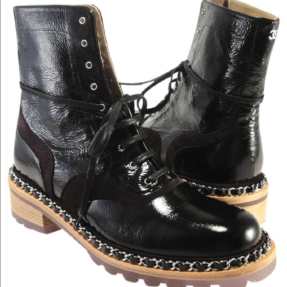 Chanel Black Combat Lace Up Patent Suede Boots